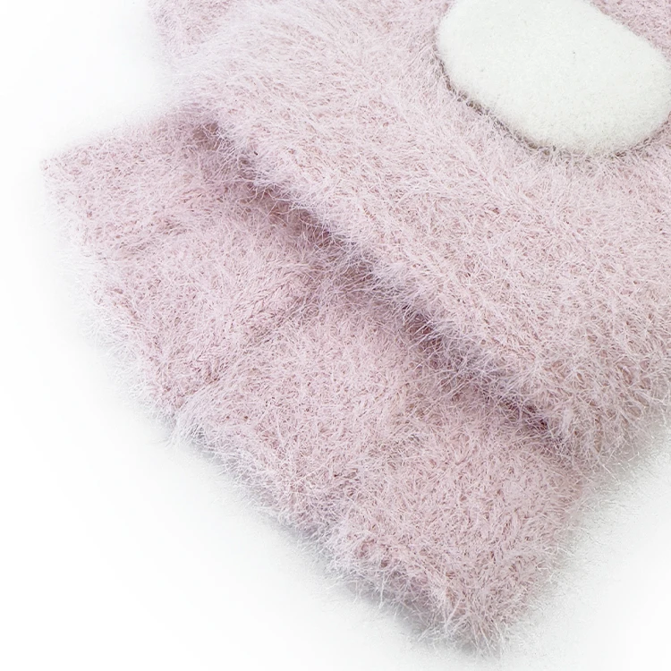 Convertible Flap Cover Kids Knitted Warm Faux Mink Fur Fingerless Mitten with Rabbit Designed Convertible Flap Cover Pink
