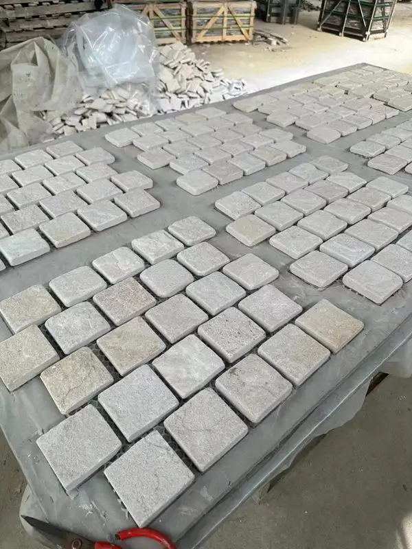 Tumbled brick bond design square white sandstone cobblestone on mesh for patio flooring