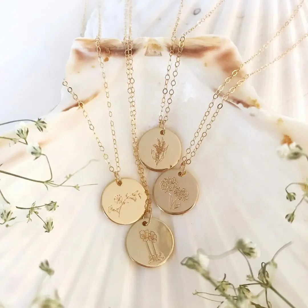 18K Gold Plated Combined Birth Month Flower Disc Necklace Custom Name Stainless Steel 12 Birthday Flower Coin Pendant Necklace