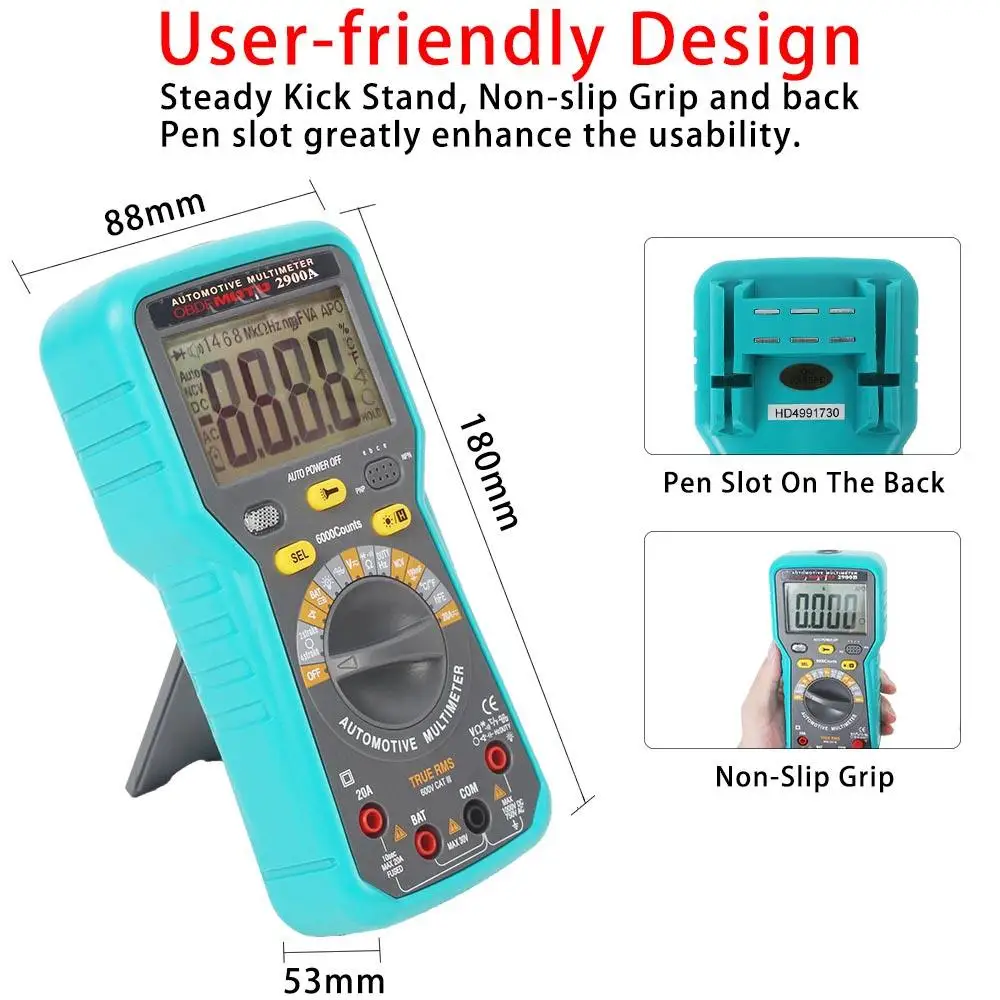 2900A Digital Multimeter 6000 Counts Dwell Angle RPM Meter AC DC Voltage Current Crystal Triode hFE Parameter Automatic Gauge