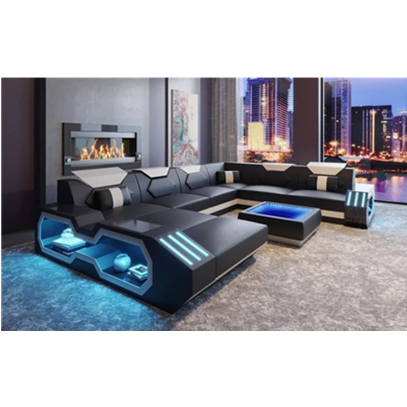 
JS4045 Luxury Italy Design Sectional Sofa Bed Modern LED Living Room Furniture Genuine Leather Sofas Sets 