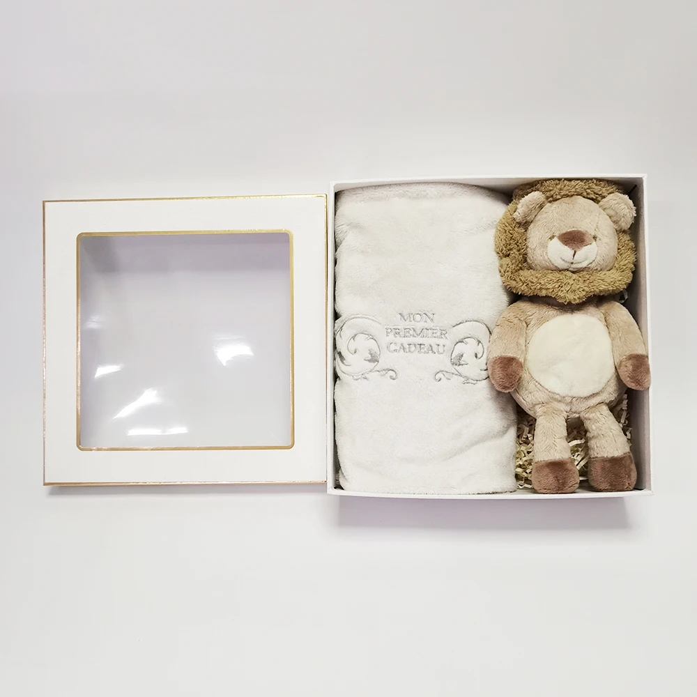 customized logo design baby toy lion and plush blanket with window box as a gift set
