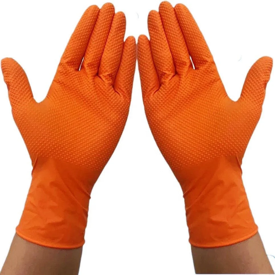 Palmwell 8 mil Factory wholesale  Heavy Duty mechanic working Powder Free Thickness Diamond Textured Nitrile Gloves Black orange