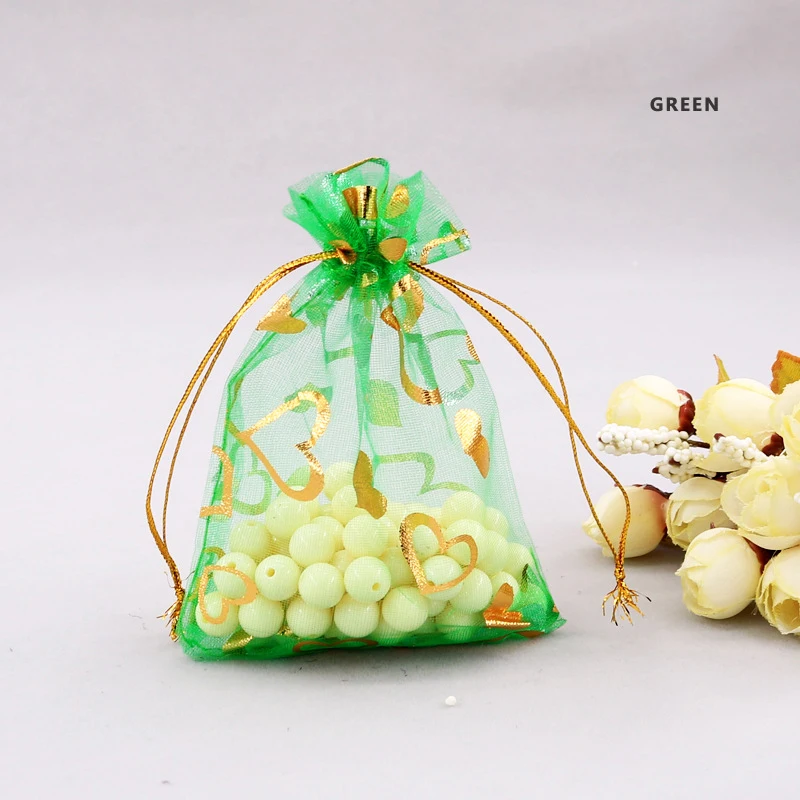 Ready to Ship Organza Bag 20x30 cm Gold Heart Print Small Gold String Gift Pouches Soap Net Drawer Bags Gift Packaging Bag
