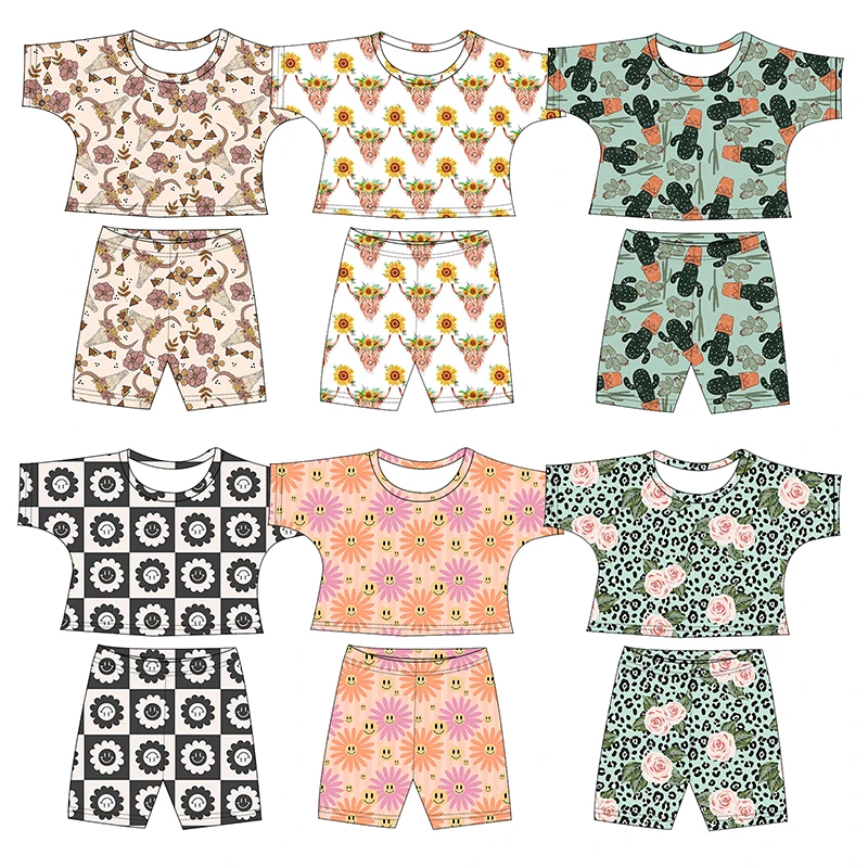 Wholesale Western Print Short Sleeve Crop Top Shirt Biker Short 2 Pieces Sets For Girl Summer Outfits Kids Lounge Sets