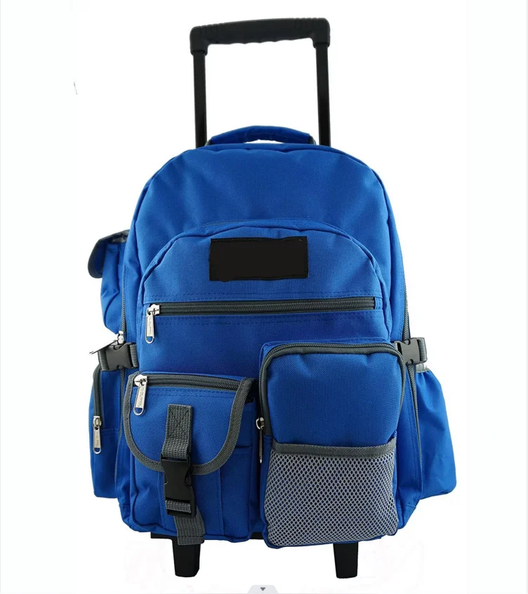 Kid students stylish good quality heavy duty multiple-pockets rolling book bag deluxe kids trolley school bag