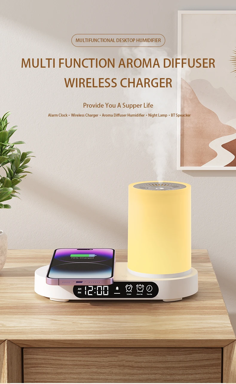 2024 New High Quality Ultrasonic Mist Humidifier Multifunction Aroma Diffusers with Music Speaker, Clock, LED Night Light