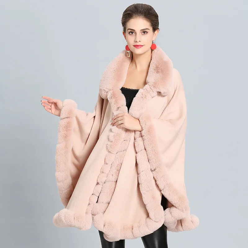 Autumn and winter cashmere cloak female fox collar cape faux fur lined beanie