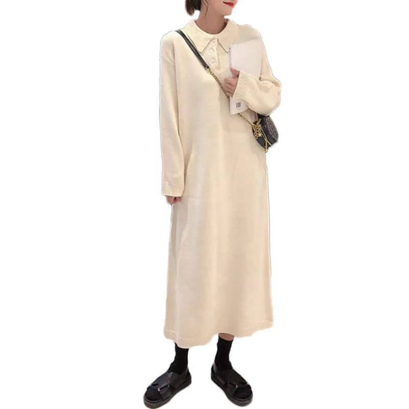 Trend Hot sale autumn winter korean plain oversized long sleeve polo neck pullover sweaters women plus size long knitted dresses