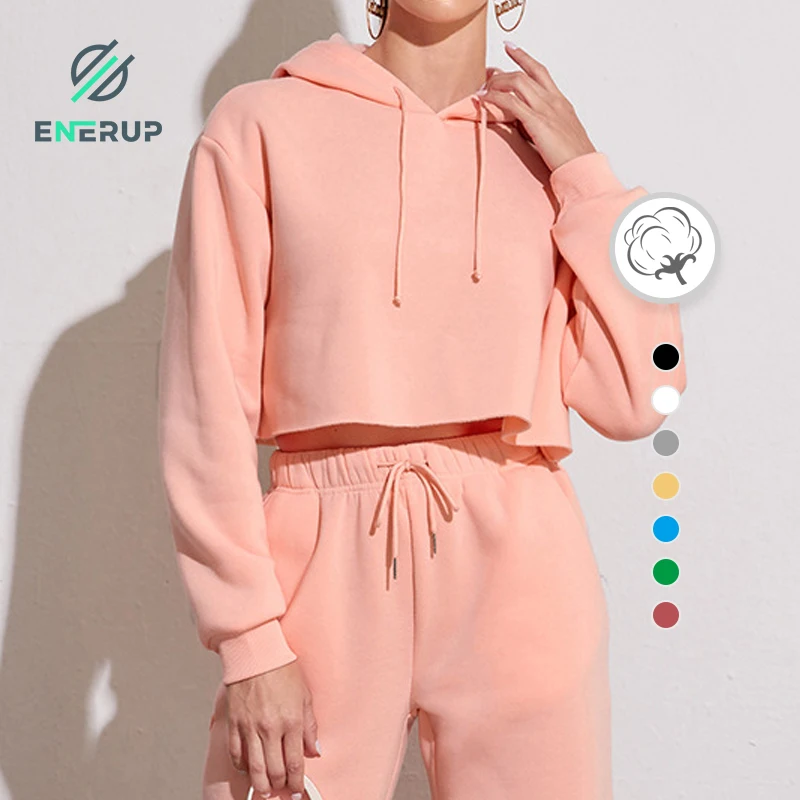 Enerup Custom Soft Fabric Washed Black Pullover Hoodie Knitted Sweatshirts with Sublimated Print Crop Top Hoodie