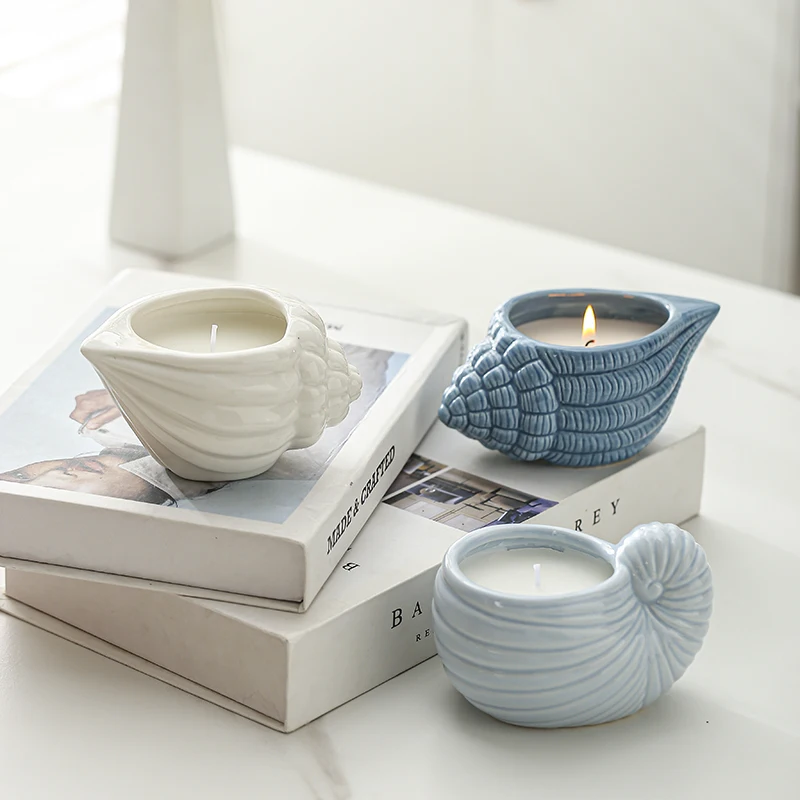 Custom wholesale conch candle vessels ceramic  candle container black ceramic candle jar