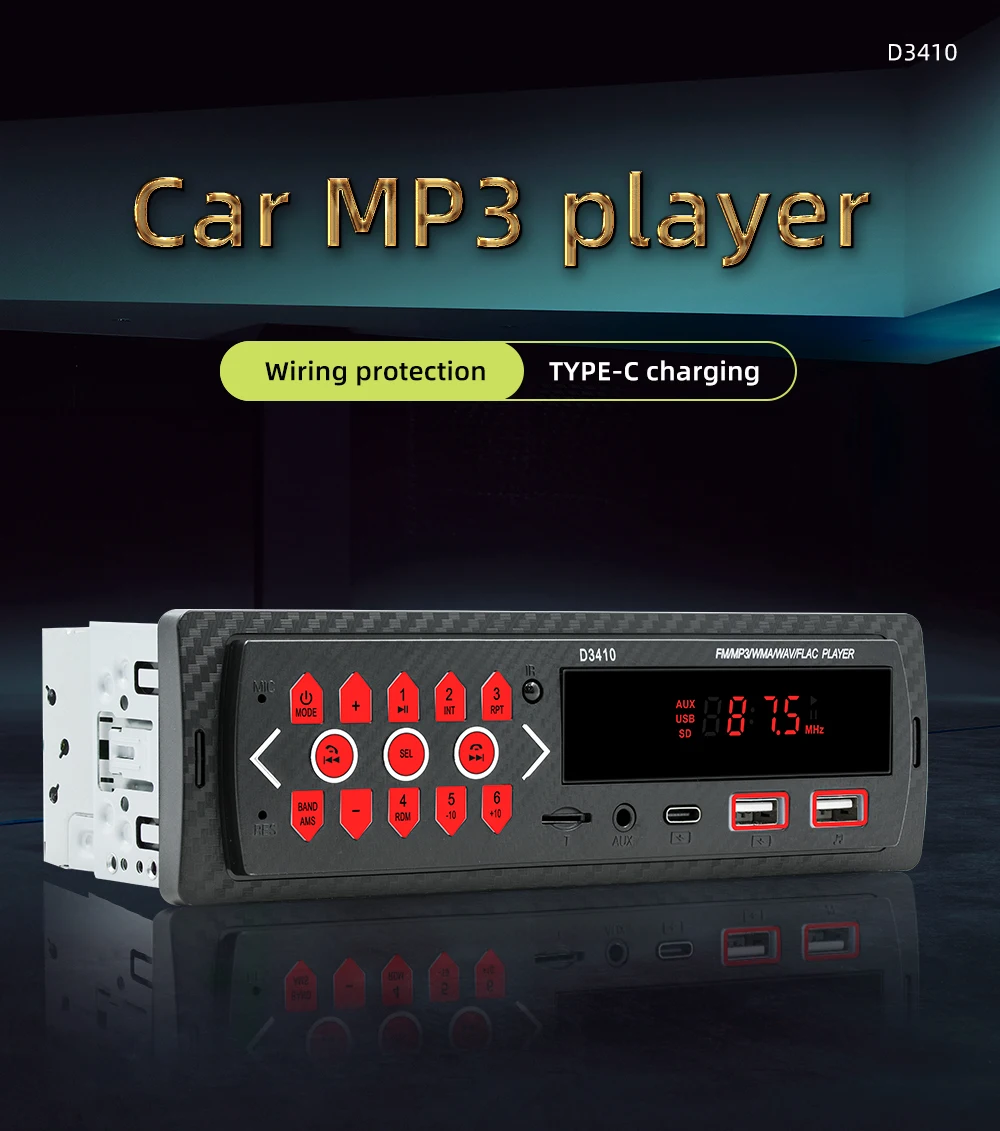 BQCC 1Din MP3 Autoradio FM USB TF AUX Input Stereo Radio Bluetooth Power Protect Phone Charging Multimedia Car Audio D3410