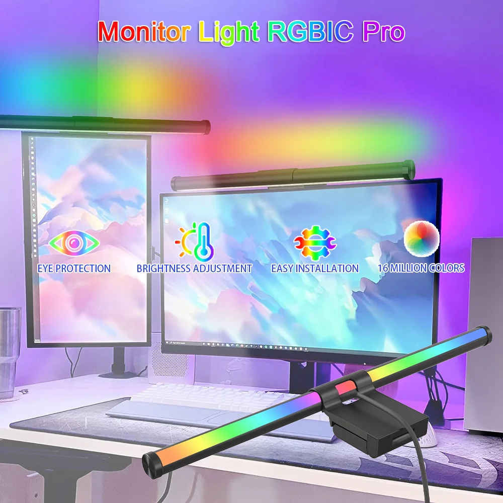 Office Desk Computer Monitor Lamp USB Screen Hanging Computer Monitor LED Lights Bar Adjustable Light RGBIC Pro Clip Lights