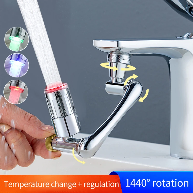 Rotary Faucets LED Temperature Sensitive 3-Color Light-up Water Saving 1440 Degree Swivel Faucets Nozzle Tap Adapter