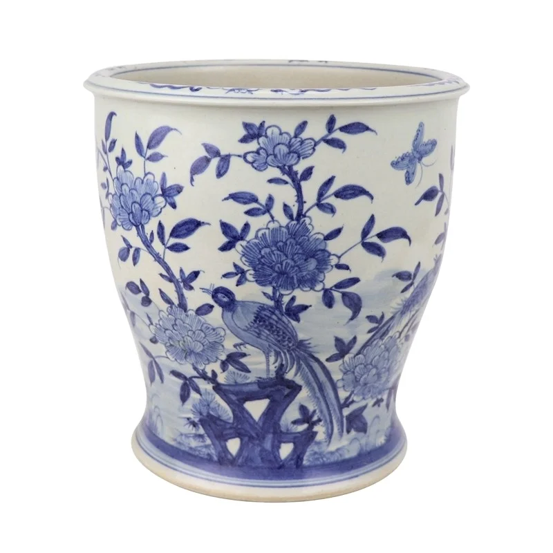 RZFH28 hand painted blue and white flower and bird pattern porcelain flower pot