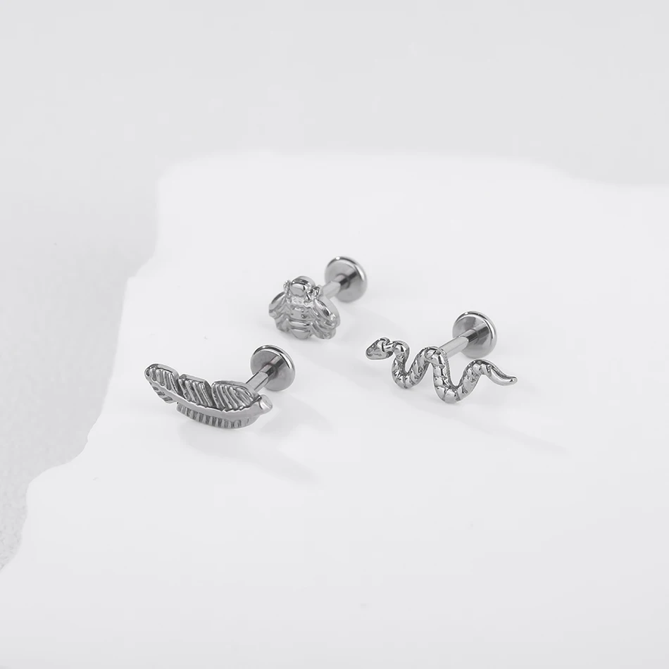 Snake Feather Bee Implant Grade Titanium Internal Threaded Piercing Labret Studs Lip Piercing Jewelry For Cartilage Ear Lip
