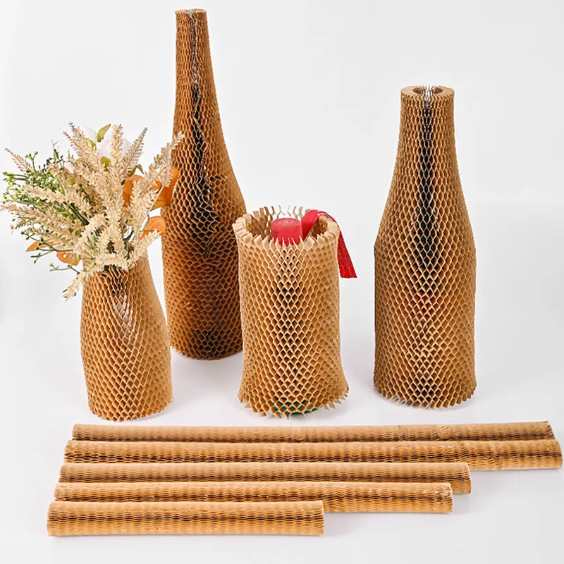 Eco Friendly Fsc Wine Protective Sleeves Kraft Paper Roll Wine Bottles Safe Protector Honeycomb Paper Sleeve