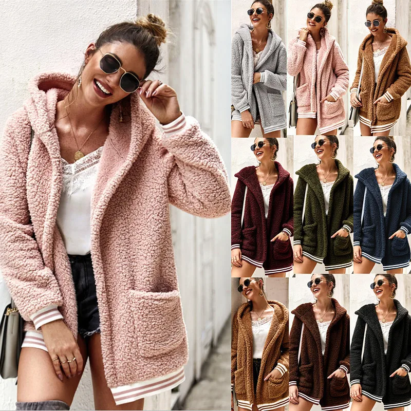 Winter Casual Teddy Hooded Coat Long Cardigan Fluffy Fleece Coat Jacket  Women Long Sleeve Pocket Soft Fleece Outerwear Autumn