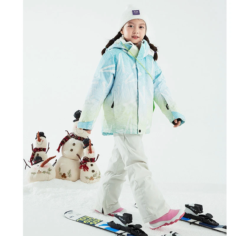 Fashionable Winter Set Women Children Babies Waterproof Windproof Breathable Fur Hood Snow Suit Boot Jacket Cardigan Horn Button