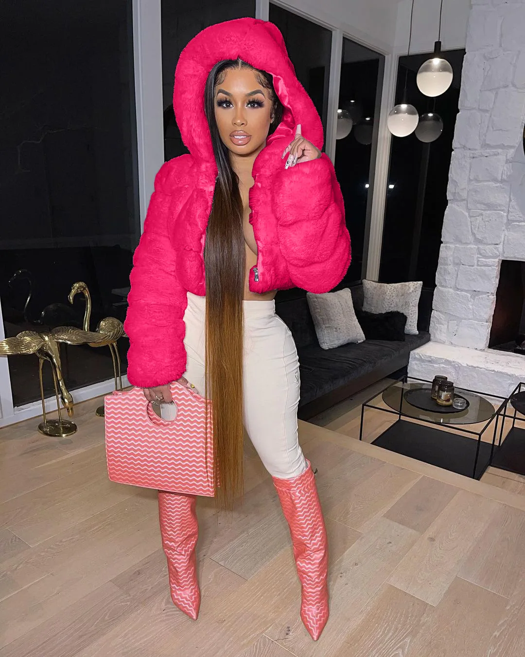 winter colorful fake fur bubble jacket with hood fashion cropped faux fur coat women