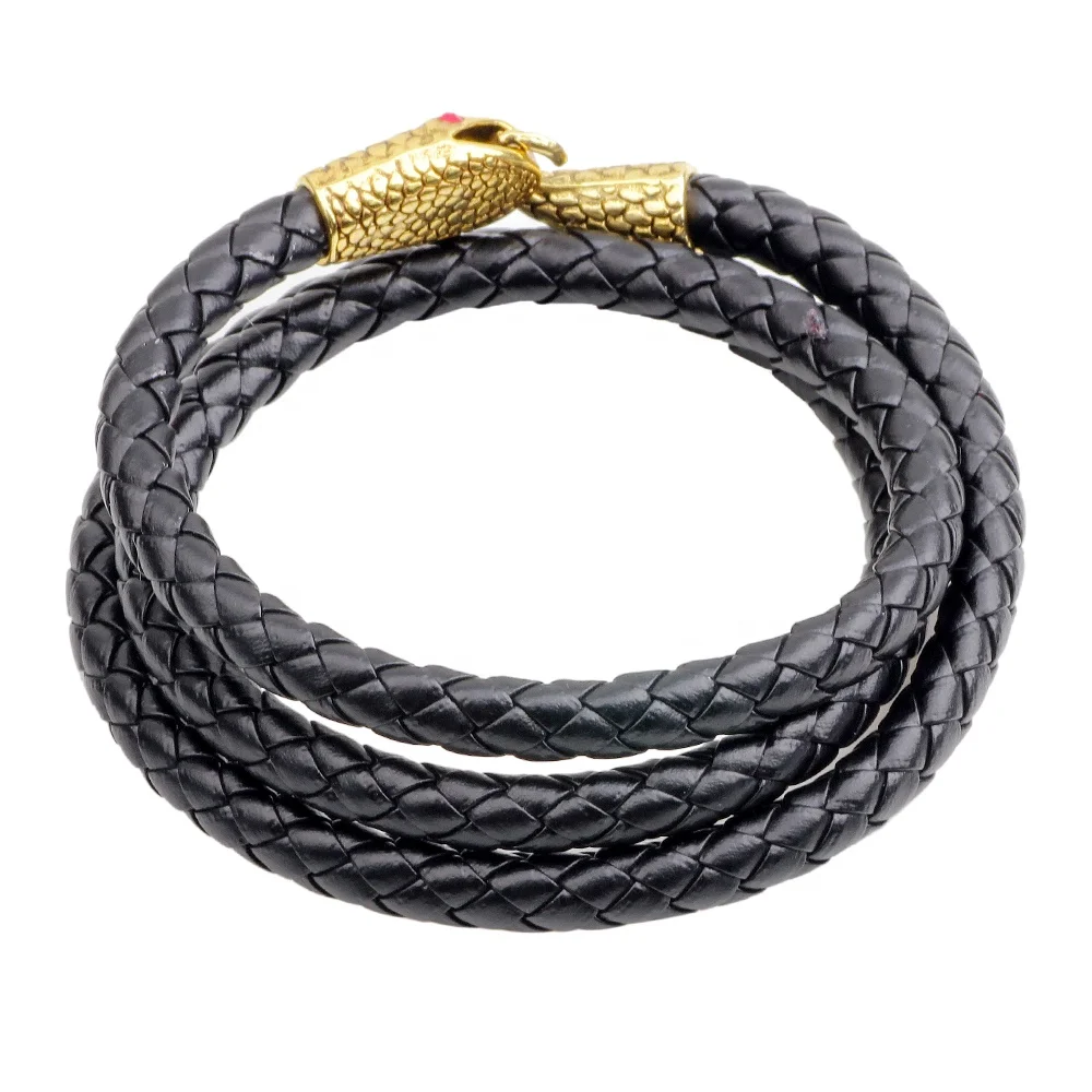 Personality men&women gold silver alloy snake head charm leather braided wrap bracelet