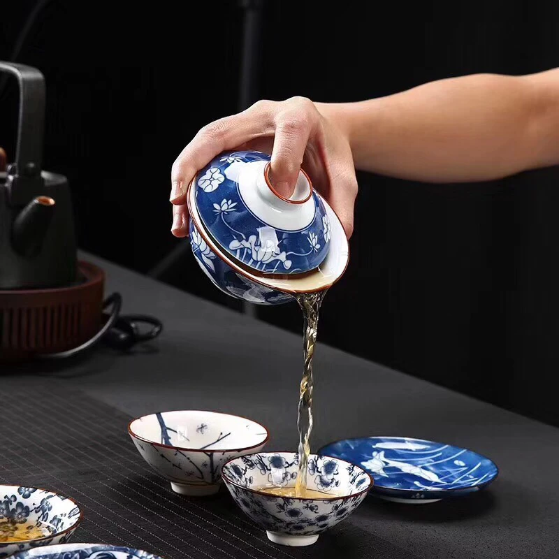 Сине-белая большая керамическая чайная чаша Gaiwan 4 дюйма чайный набор кунг-фу с 150