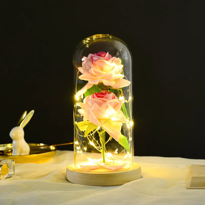 Valentines Day Gift Custom Artificial Flowers Glass Cover With Led Lights Rose flowers In Glass Dome