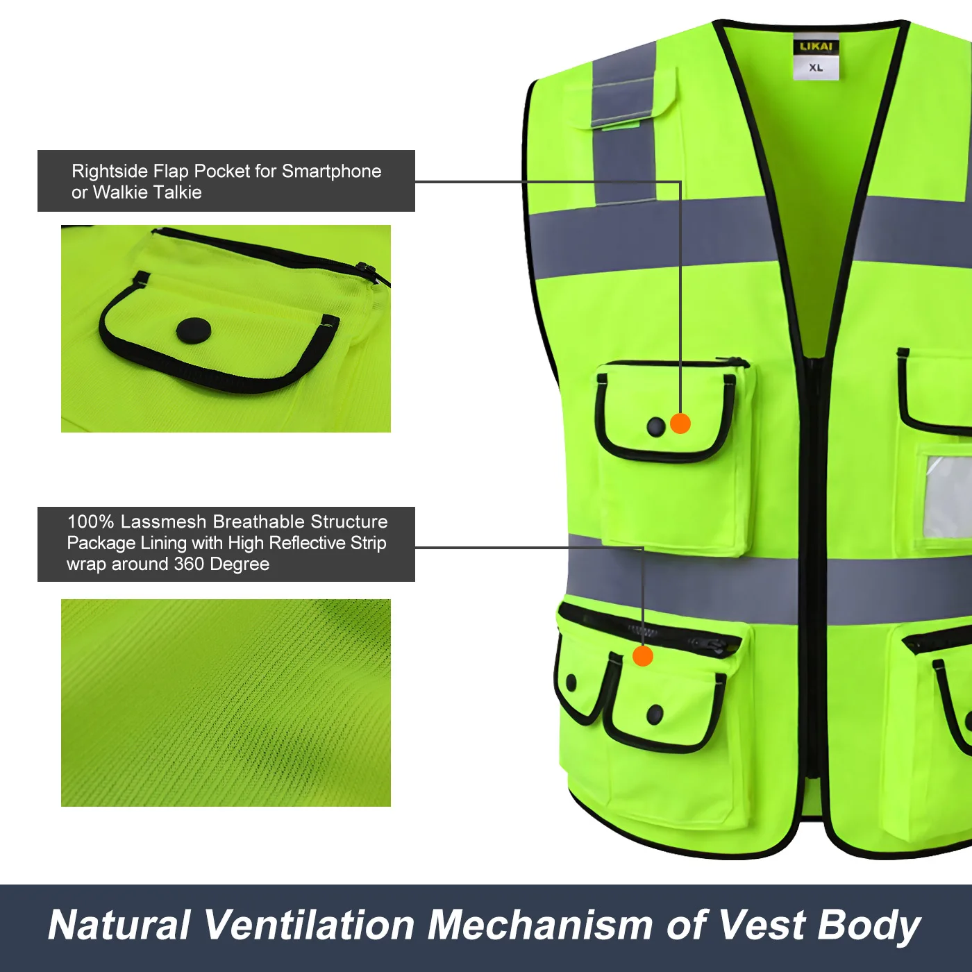 Larnmern Safety Vest Night Reflective Jacket Security Waistcoat Warp Safe Color Clothes Vest
