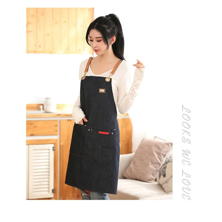 Top Quality Denim OEM Leather Strap Apron With Fair Price Apron Coffee Leather Custom Denim Apron Leather Strap