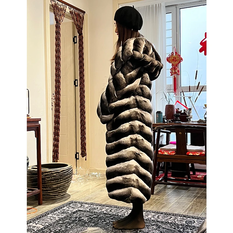 real crown chinchilla fur long coat with huge hood women plus size chinchilla fur long jacket