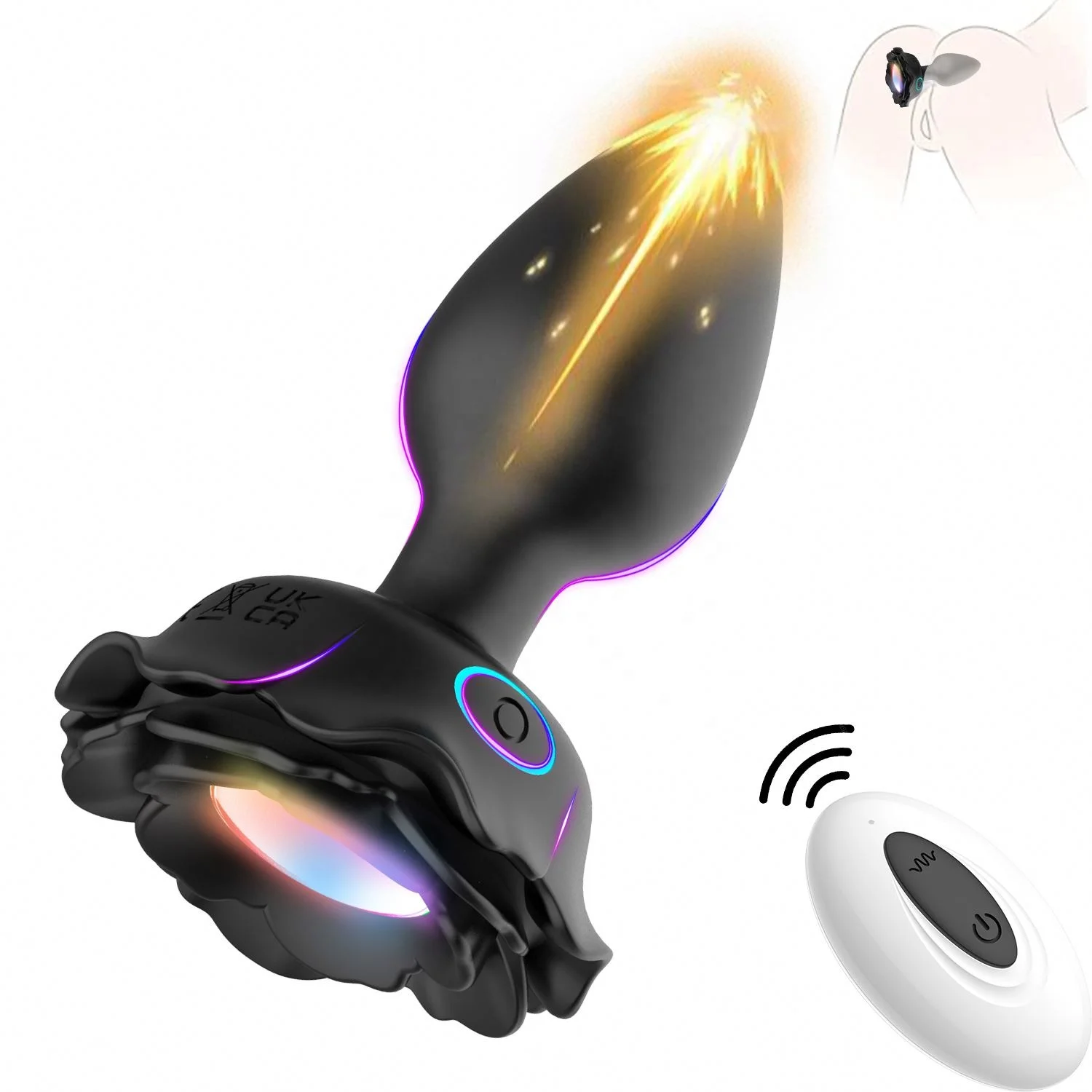 Remote Control Rose Vibrator LED Anal Plug Sex Toys with 10 Frequency Vibration Silicone Light Up Anal Plug