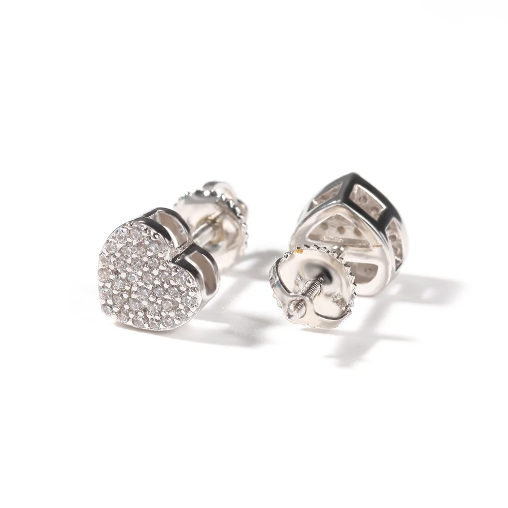 2021 New Hip Hop Jewelry Heart Stud Earrings Iced Out Cz Cubic Zirconia 925 Sterling Silver
