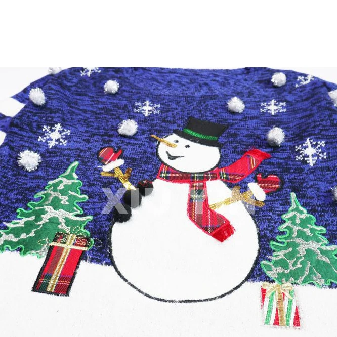 
Blue Ugly Christmas sweater with embroidered Snowman and Christmas tree cardigan with White pompoms 