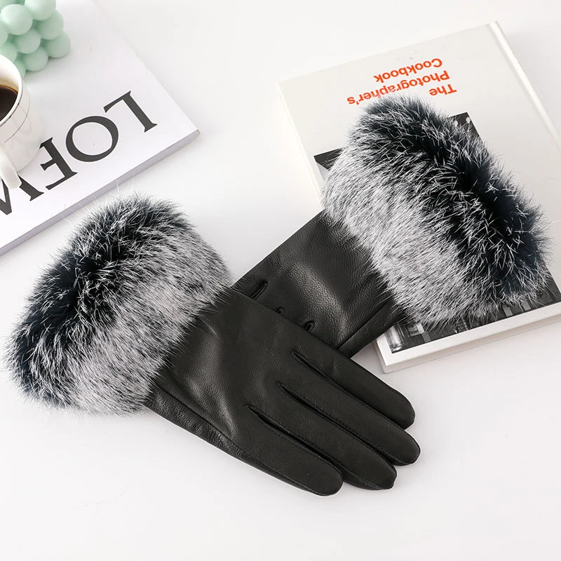 ZDFURS*Genuine Leather Glove Women Warm Fashion Winter Ladies Hand Warmer Gloves With Natural Rabbit Fur Trims