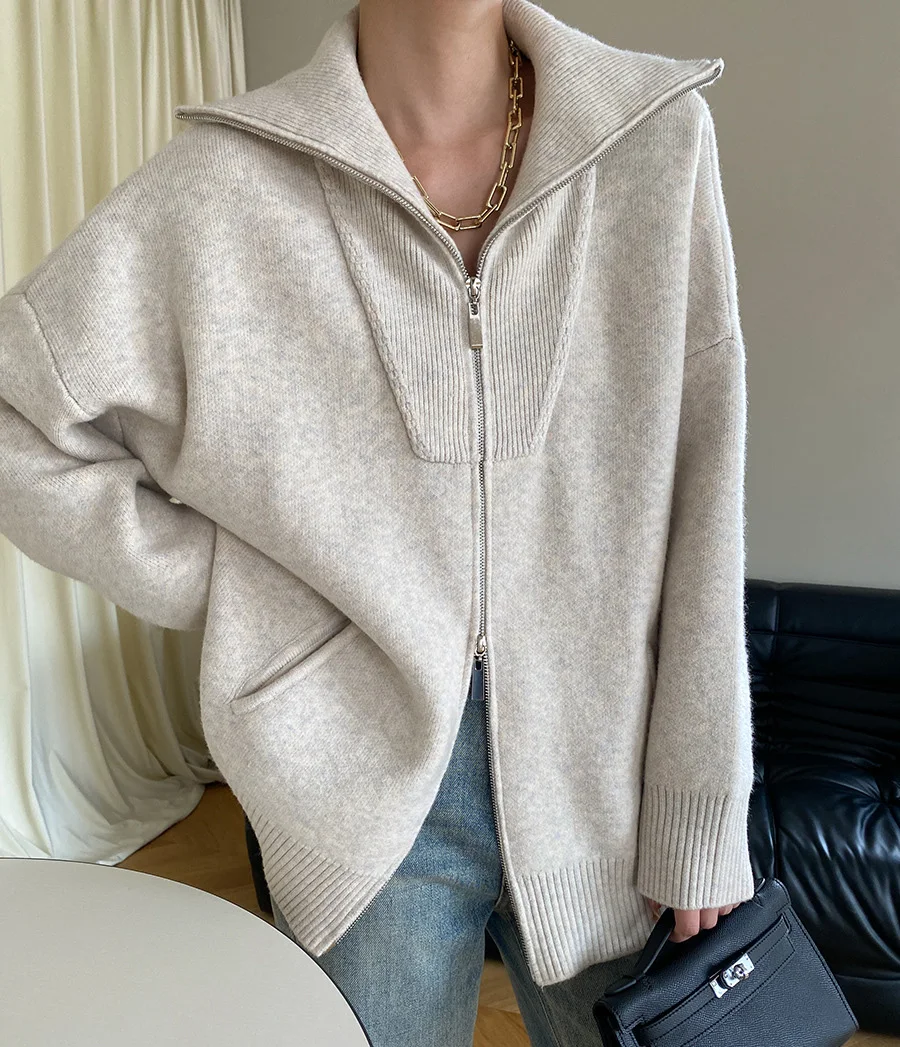 Wholesale Custom Turtleneck Ribbed Knit Sweater Women Coat Long Sleeve Zipper Casual Ladies Cardigan Sweater With Pocket