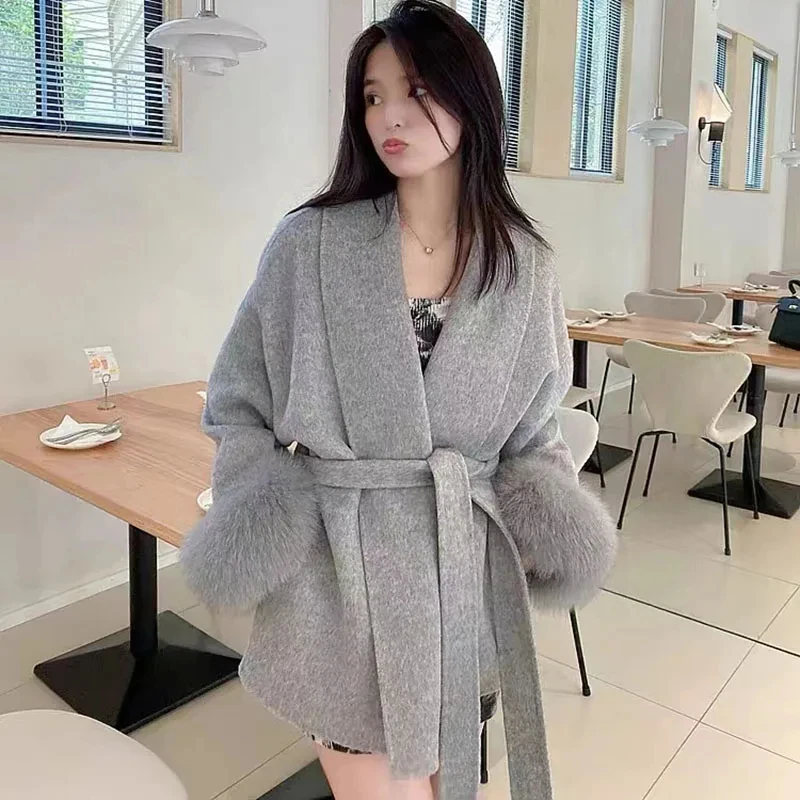 Plus Size Women Oversized Wool Coat With Real Fox Fur Cuff Long Sleeve Loose Wool blended Jacket With Belt Female Outwear