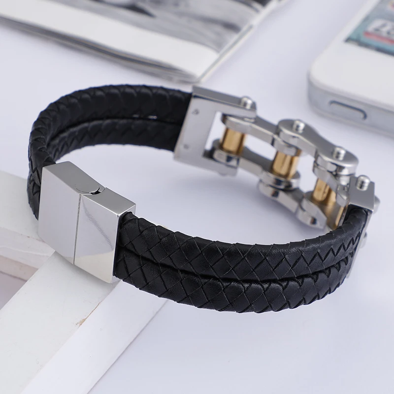 KALEN Bike Chain Men Bicycle Motorcycle Mens Braided Leather Bracelet
