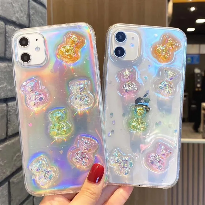 2022 Handmade Luxury Flash powder Shockproof Cute 3D Gummy Bear Cartoon Mobile Phone Case for iPhone 12 pro