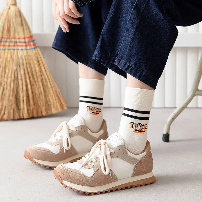 Wholesale Autumn Trendy Funny Cartoon Letters Stripes Woman Stocking Breathable Cotton Fancy Women Black White