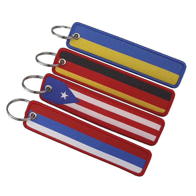 Cheap Custom Fabric Gifts Spain Australia Korea National Flag Embroidery Keychain Car Biker Logo Key Ring for Patch Key Tag