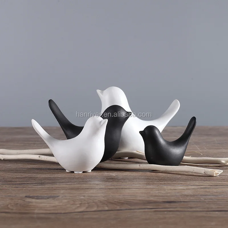 Unique Design Black And White Ceramic Birds  Porcelain Animal Bird Figurine For Decoration