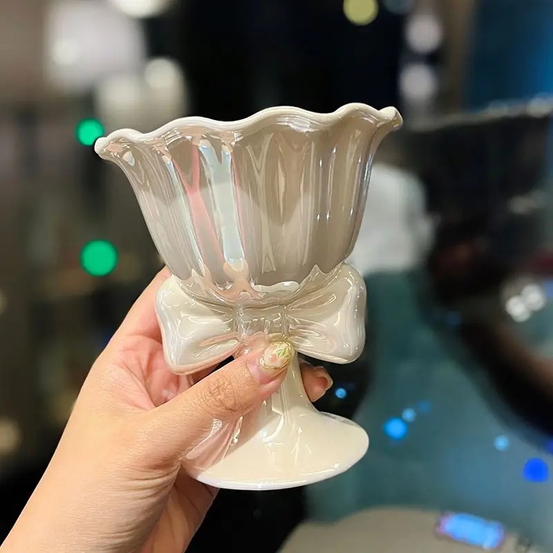 Hot selling factory direct sale 180ml ice cream cup creative cute bowknot ceramic mug for promotional gift dessert goblet