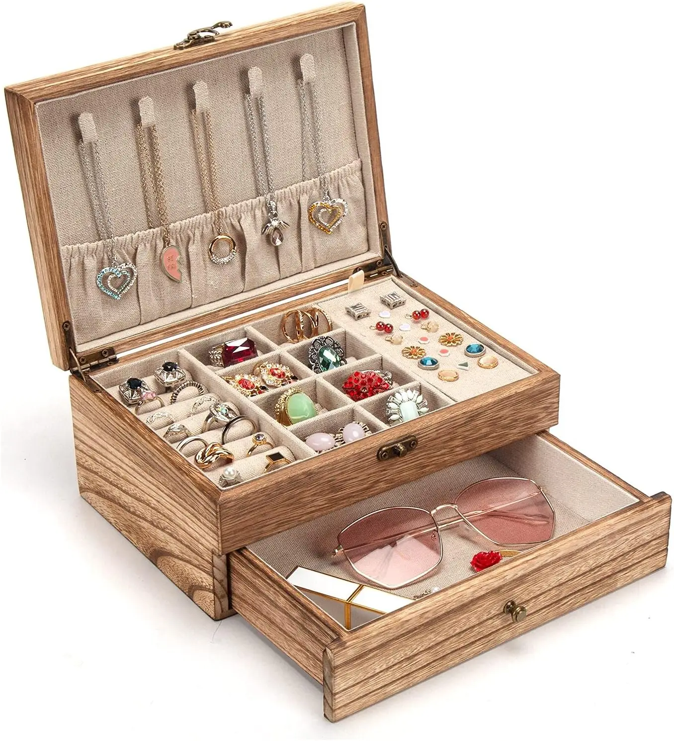 Hot Sale Wooden Jewelry Box for Women, Rustic Wood Jewelry Organizer for Storage Earrings Rings Necklace Bracelet