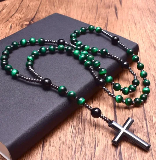 GLORY PACE lava stones tiger eyes Catholic Rosary Beads Necklace Virgin Mary Saint Benedict cross pendant rose beads chains