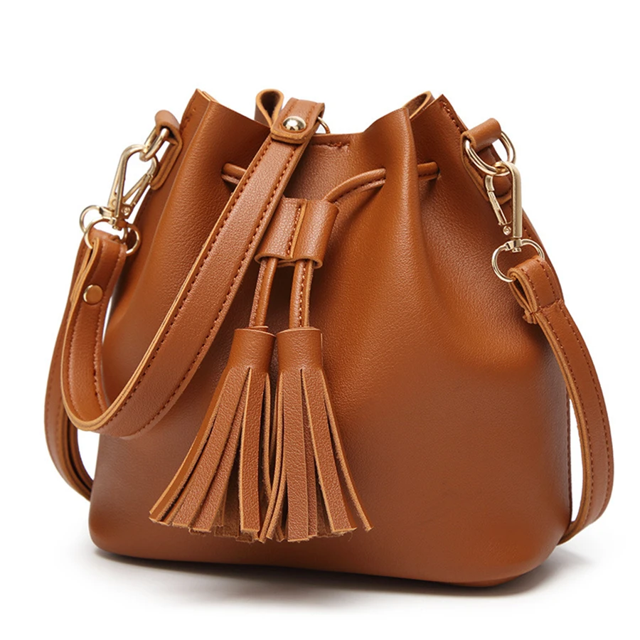 Bucket with Tassel String Pocket Shoulder Handbags Ladies Women Crossbody Bag Fashion Bag Wallets for Women Fashionable PU OEM