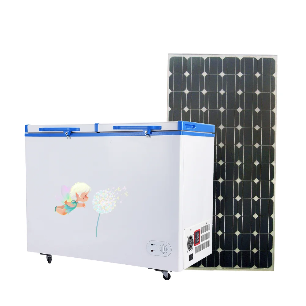 Big capacity deep chest freezer 358 L double top open door with solar system dc 12 24V freezer off grid eco friendly