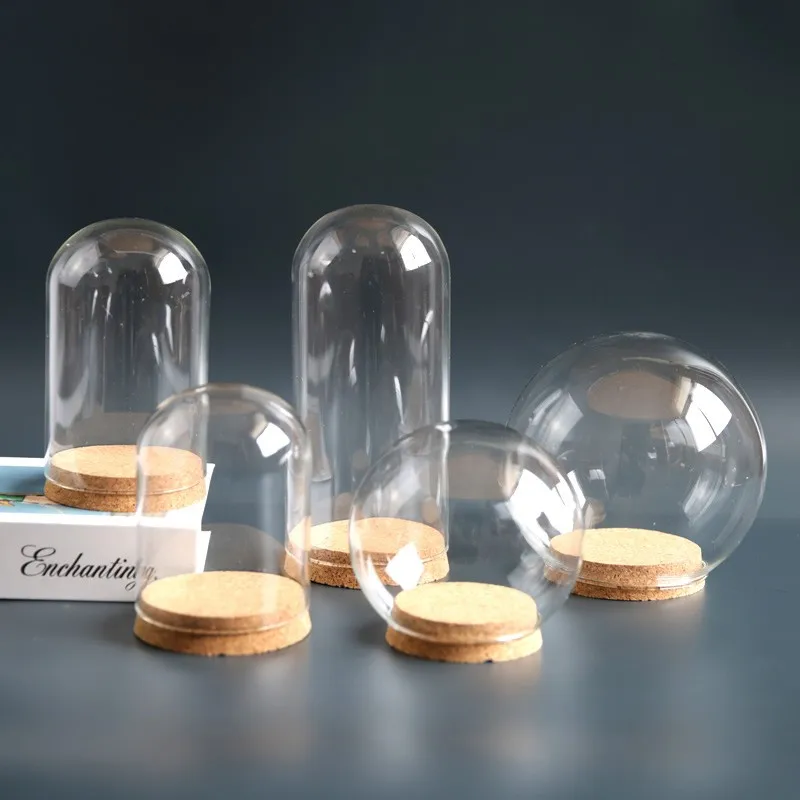 Wholesale different size glasses dome with cork base glass vase ornament decoration custom logo