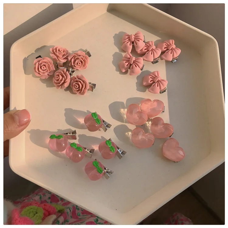 Pink Hairpin Series Girly Style Bow Peach Hair Card Camellia Peach Heart Side Clip Barrette Wholesale For Girls