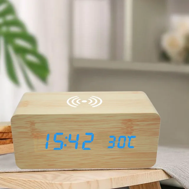 LED digital display wood alarm clock electronic desktop home mobile phone wireless charging clock