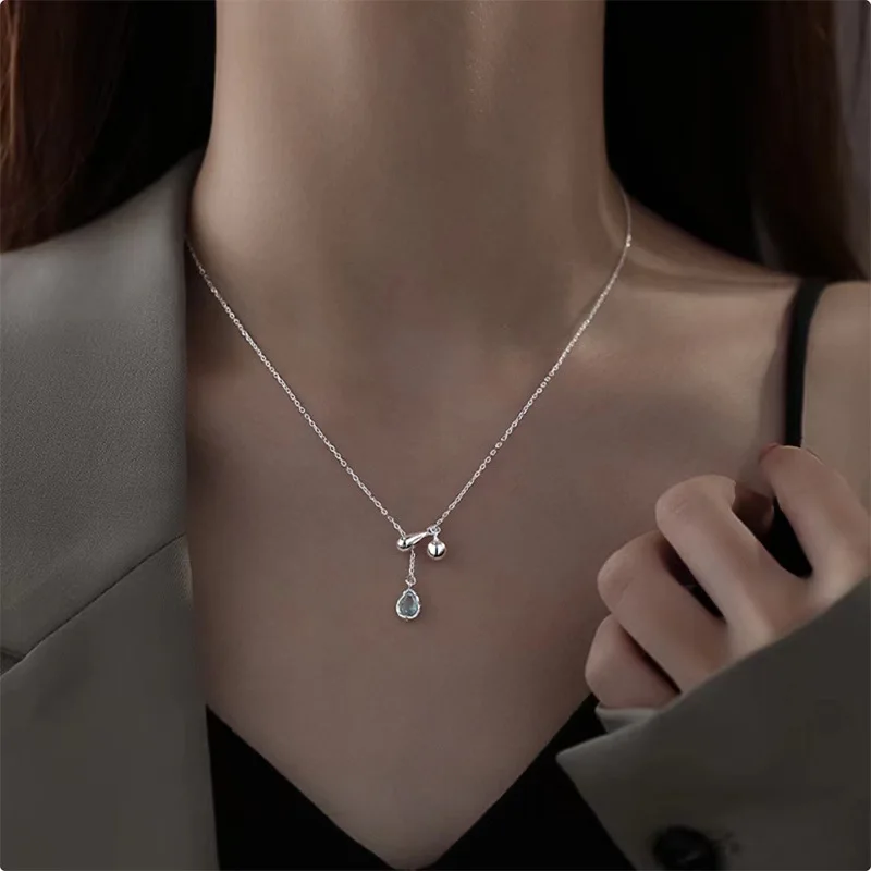 Sterling Silver 925 Premium Blue Teardrop Designs Pull Out Round Beads Niche Collarbone Necklace for Women